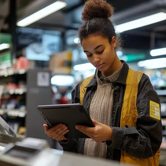 Cashier aiding a customer through a digital loyalty program using a tablet. - Image 3