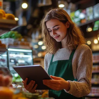 Cashier aiding a customer through a digital loyalty program using a tablet. - Image 4