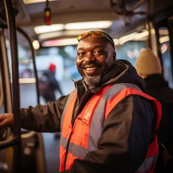 A smiling bus driver greeting passengers at the bus door. - Image 1