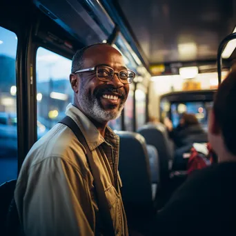 A smiling bus driver greeting passengers at the bus door. - Image 4