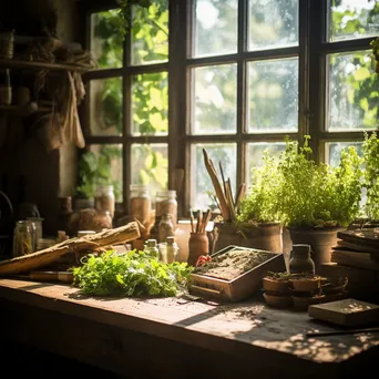 Wooden table with fresh herbs and gardening tools in warm light - Image 2