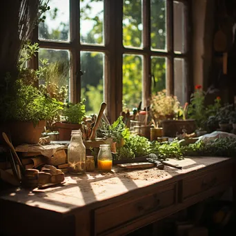 Wooden table with fresh herbs and gardening tools in warm light - Image 4