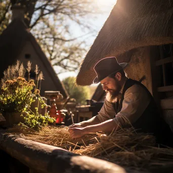 Artisan thatching a straw roof on a historical cottage - Image 1