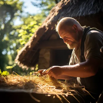 Artisan thatching a straw roof on a historical cottage - Image 4