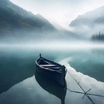 Rowboat on calm lake with foggy mountains in the background - Image 2