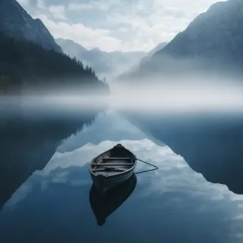 Rowboat on calm lake with foggy mountains in the background - Image 3