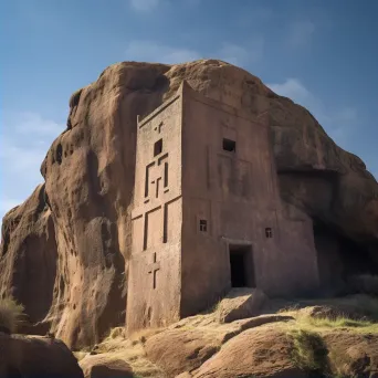 Image of an Ethiopian rock-hewn church against a clear blue sky - Image 2