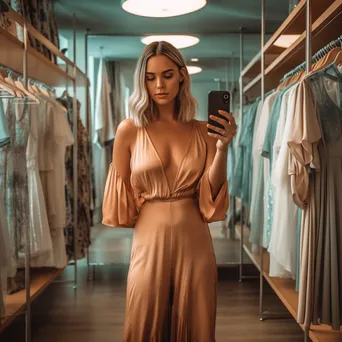 Woman trying on clothes in a chic boutique with mirrors. - Image 1