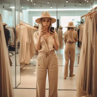 Woman trying on clothes in a chic boutique with mirrors. - Image 2