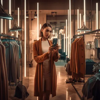 Woman trying on clothes in a chic boutique with mirrors. - Image 3