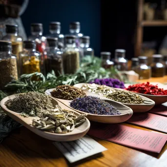 Assorted dried herbs with labels on wooden table - Image 1