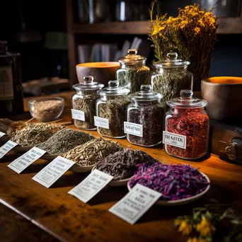 Assorted dried herbs with labels on wooden table - Image 2