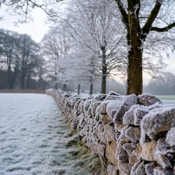 Dry stone wall covered in snow with frosted trees in the background. - Image 3