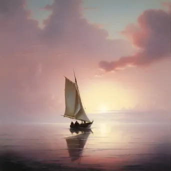 Single yacht sailing in the vast ocean at dusk, against a backdrop of a pink and purple sky in an image generated by a prompt. - Image 3