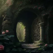 Image of an ancient secret garden with moss-covered stone wall and blooming roses - Image 4