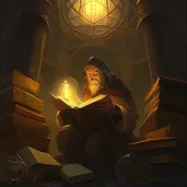 Scholar immersed in a book beneath the glow of a soft lantern surrounded by a library of ancient texts - Image 1