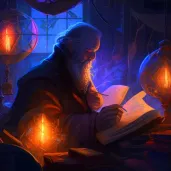 Scholar immersed in a book beneath the glow of a soft lantern surrounded by a library of ancient texts - Image 3