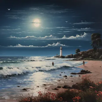 Illustration of tranquil beach scene under full moon - Image 1