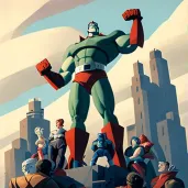 Dynamic illustration of triumphant superheroes standing over a defeated robot - Image 1