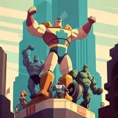 Dynamic illustration of triumphant superheroes standing over a defeated robot - Image 2