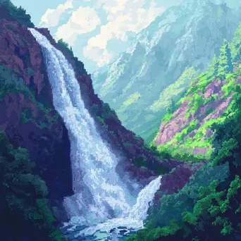 Dynamic, low poly depiction of a roaring waterfall cascading down a mountainside - Image 4