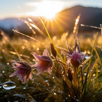 Close-up image of wildflowers with dew in an alpine meadow at sunrise. - Image 1