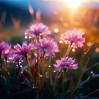 Close-up image of wildflowers with dew in an alpine meadow at sunrise. - Image 3