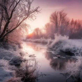 Icy landscape at winter dawn with frost-covered trees - Image 1