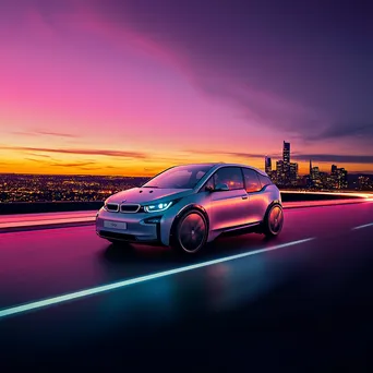 Electric car driving through a city at sunset with city lights - Image 1