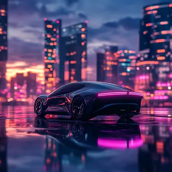 Electric car driving through a city at sunset with city lights - Image 2