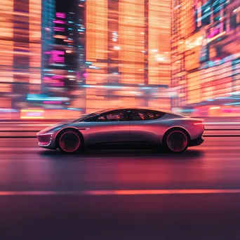 Electric car driving through a city at sunset with city lights - Image 4