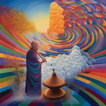 Monk ringing temple bell creating colorful sound wave - Image 2