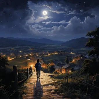 Artistic depiction of teenager leaving rural home for city under starry night sky - Image 1