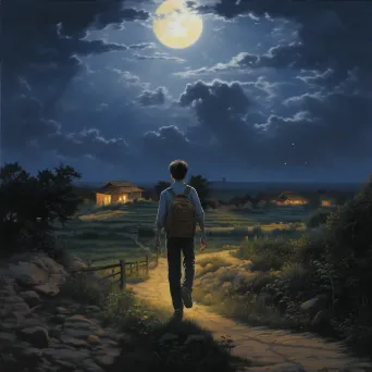 Artistic depiction of teenager leaving rural home for city under starry night sky - Image 4