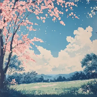 A beautiful springtime meadow with cherry blossoms dancing in the breeze, illustrated in Japanese woodblock style - Image 2