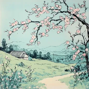 A beautiful springtime meadow with cherry blossoms dancing in the breeze, illustrated in Japanese woodblock style - Image 3