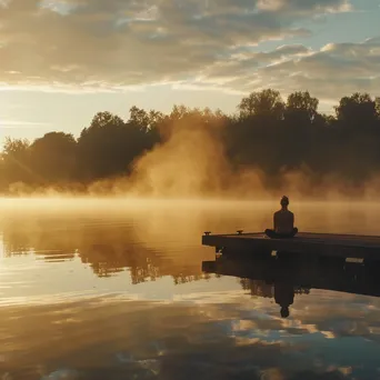 Yogi meditating on a dock at sunrise - Image 1