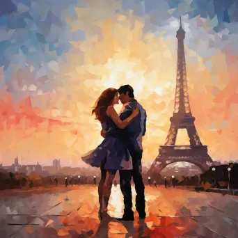 Low-poly depiction of a couple under the Parisian Eiffel Tower - Image 1