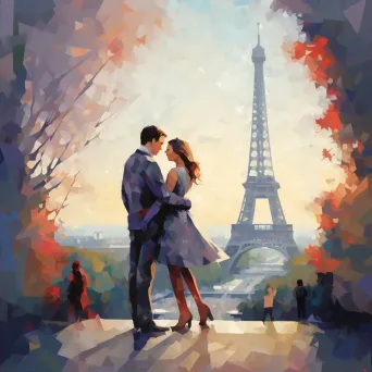 Low-poly depiction of a couple under the Parisian Eiffel Tower - Image 2