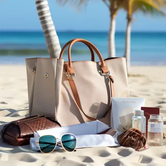 Beach bag with a passport, sunglasses, and brochures by the ocean. - Image 1