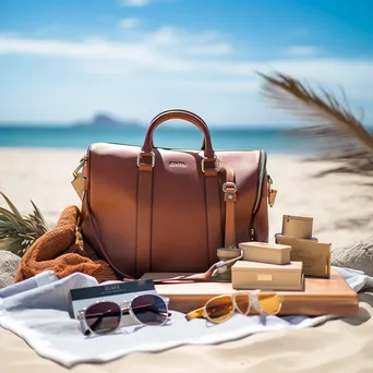 Beach bag with a passport, sunglasses, and brochures by the ocean. - Image 3