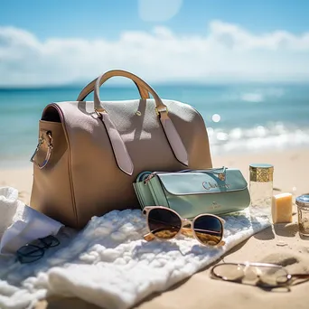 Beach bag with a passport, sunglasses, and brochures by the ocean. - Image 4