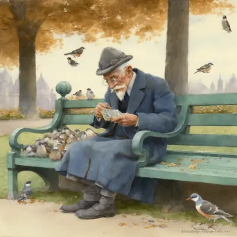 Artistic depiction of elderly man feeding pigeons in changing seasons - Image 1