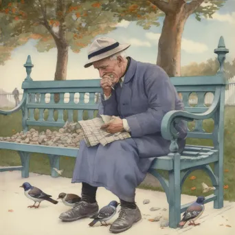 Artistic depiction of elderly man feeding pigeons in changing seasons - Image 3