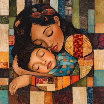 Folk Art style painting of a mother embracing her child in a quilt with intricate protective patterns - Image 2