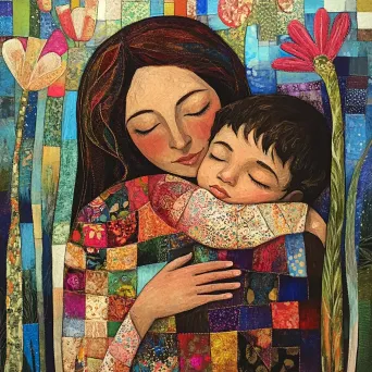 Folk Art style painting of a mother embracing her child in a quilt with intricate protective patterns - Image 4