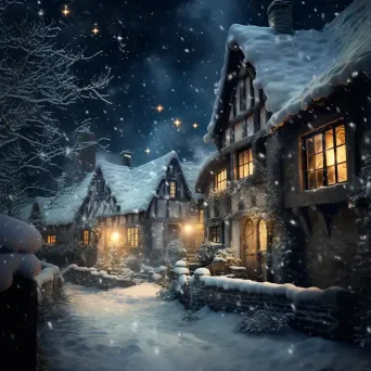 Snow-covered village at night with falling snowflakes - Image 3