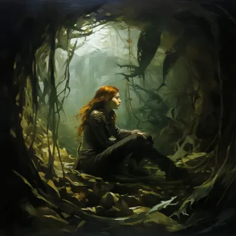 Pensive mermaid on a shipwreck under a kelp canopy with dramatic lighting - Image 1