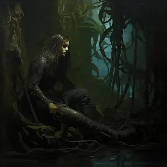 Pensive mermaid on a shipwreck under a kelp canopy with dramatic lighting - Image 3