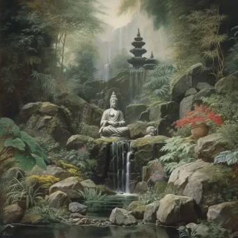 Image of a peaceful rock garden with alpine plants and a stone Buddha statue - Image 2